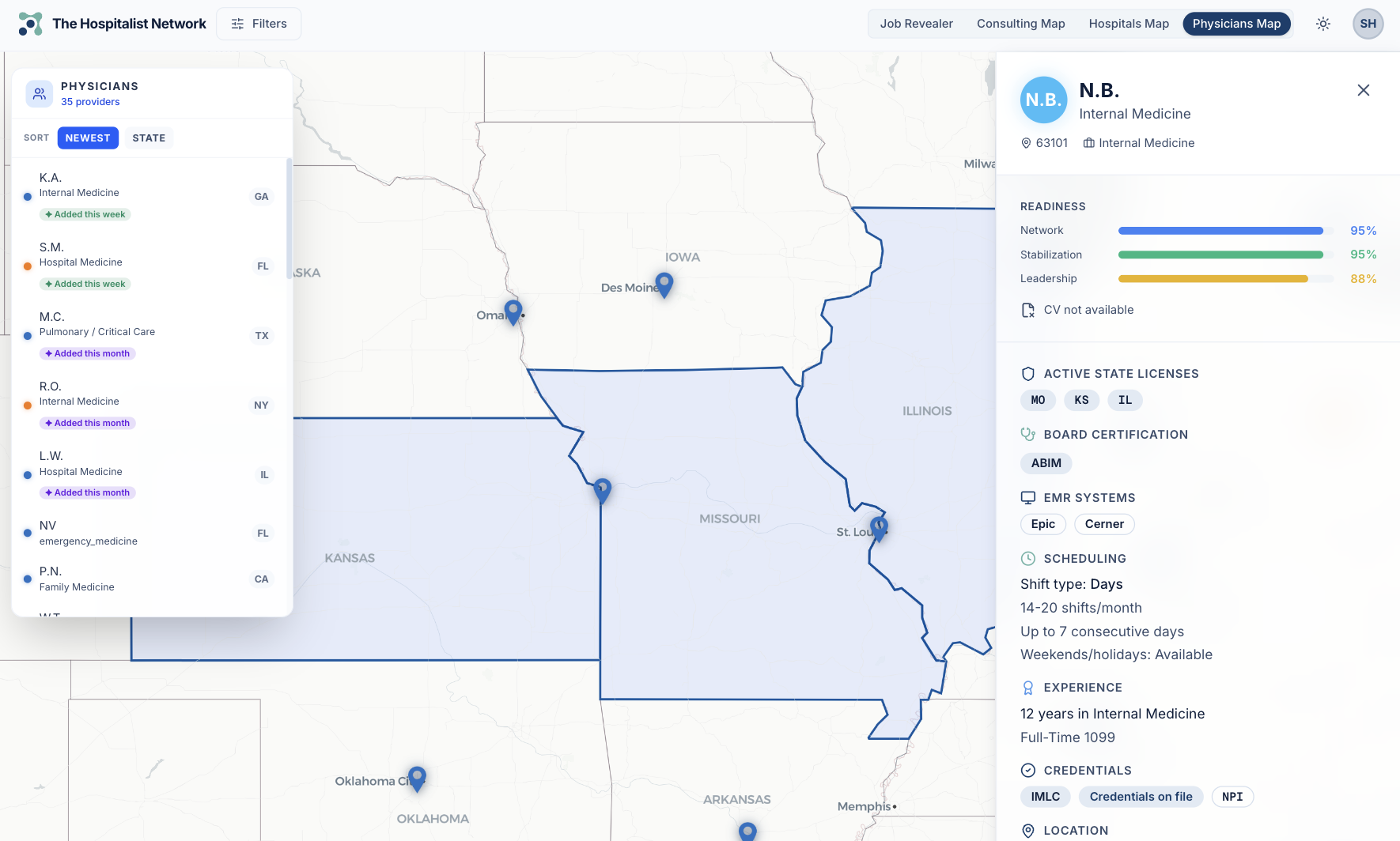 THN platform - Physicians Map showing the network and a physician readiness profile